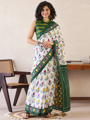Divastri Printed Daily Wear Cotton Blend Saree(White)