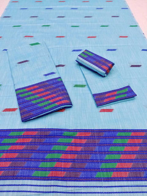agarval silk mills Woven, Striped Mekhela Chador Cotton Blend Saree(Light Blue, Multicolor)