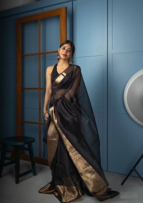 PHEASANT Self Design, Woven, Applique Bollywood Art Silk, Organza Saree(Black)