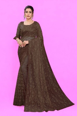 Nexafashion Self Design Bollywood Net Saree(Brown)