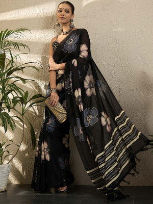 Tasrika Printed Pochampally Georgette Saree(Black)