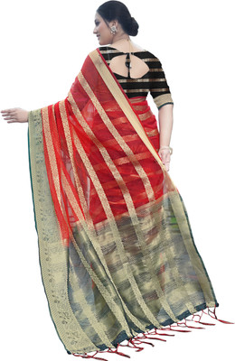 Aarunika LGF Striped Bollywood Organza Saree(Red)