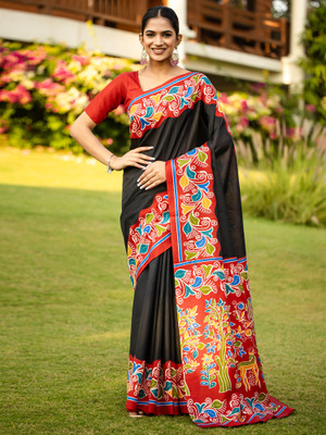 Divastri Printed Hand Batik Cotton Blend Saree(Black)