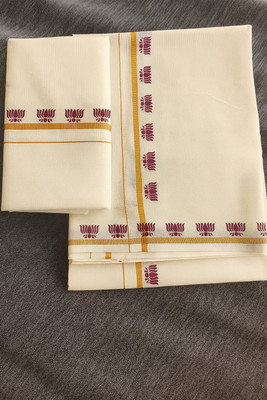 Adhvini Floral Print, Solid/Plain Mundum Neriyathum Pure Cotton Saree(Maroon)