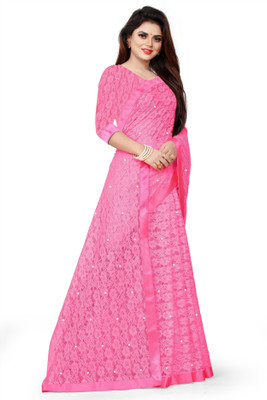 Verviza Embroidered Bollywood Net Saree(Pink)