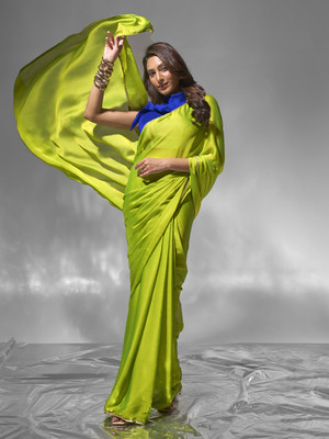Kalista Solid/Plain, Embellished Bollywood Chiffon Saree(Green)