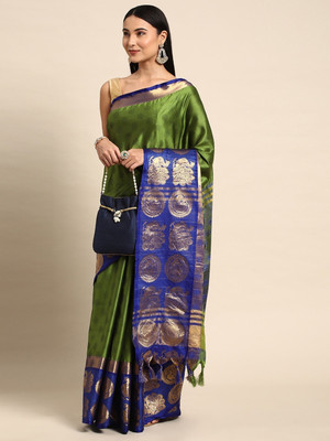 HouseOfCommon Woven, Checkered, Embellished, Self Design Banarasi Jacquard, Cotton Silk Saree(Dark Green)