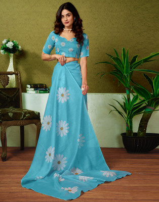 Samah Floral Print, Geometric Print, Printed Sambalpuri Chanderi, Cotton Blend Saree(Blue)