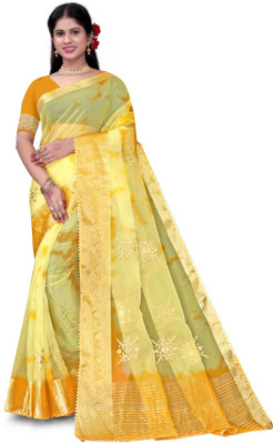 Pemal Designer Embroidered Bollywood Organza Saree(Mustard)