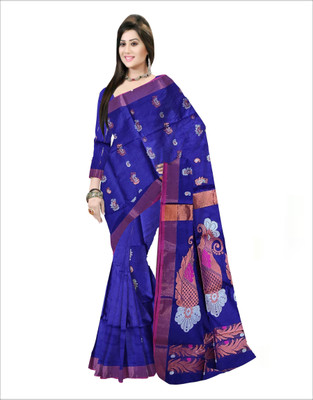 Pradip Fabrics Self Design Handloom Cotton Blend Saree(Blue)