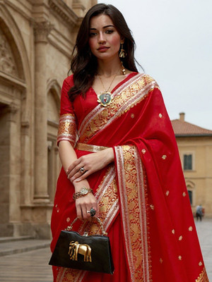 all about you Woven Banarasi Silk Blend Saree(Red)