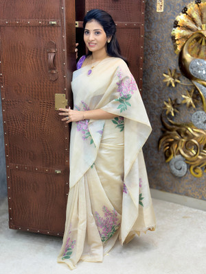 VCREATION Digital Print Bollywood Cotton Linen Saree(Multicolor)