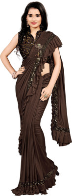 Sakifashion Embroidered Chanderi Georgette Saree(Brown)