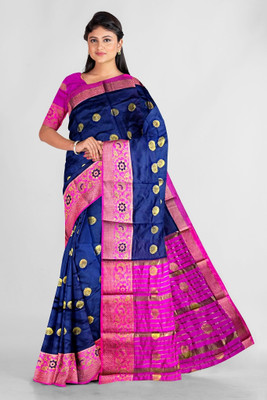 Doroly Woven Banarasi Cotton Silk Saree(Dark Blue, Pink)