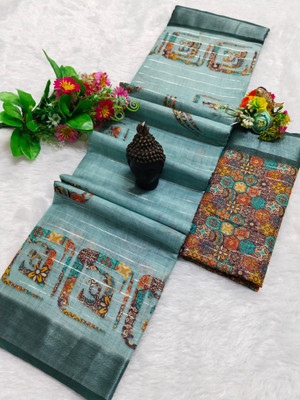 HouseOfCommon Printed Kanjivaram Linen, Cotton Linen Saree(Light Blue)