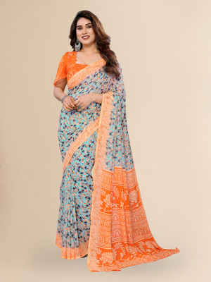 Moda Rapido Floral Print Daily Wear Georgette Saree(Orange, Blue)