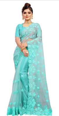 Vijay Fashion Embroidered Bollywood Net Saree(Light Blue)