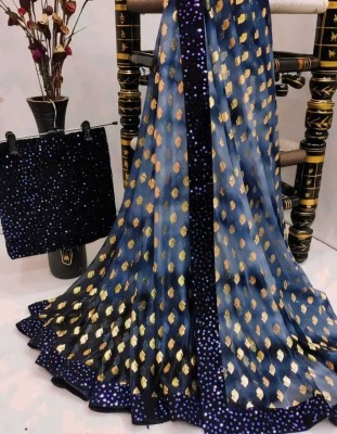 nelius Floral Print Bollywood Lycra Blend Saree(Dark Blue)