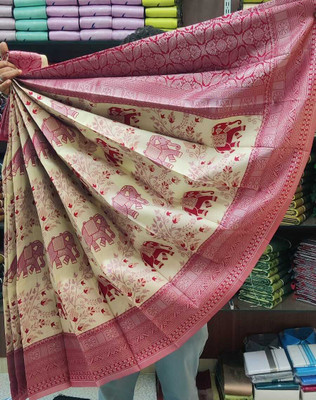 het designer studio Floral Print, Applique, Blocked Printed, Embroidered, Woven, Self Design Bollywood Georgette Saree(Cream, Red)