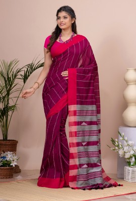 Mystory Woven Handloom Handloom Cotton Blend Saree(Magenta, Grey)