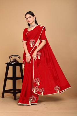 MAN PRIYA TRENDZ Embellished, Embroidered Handloom Georgette Saree(Red)