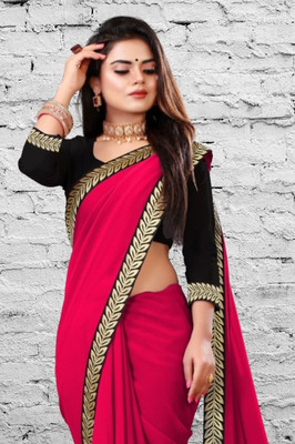 HPfashion Embellished, Solid/Plain Banarasi Georgette Saree(Pink)