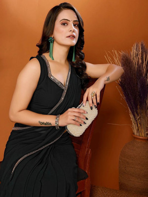 Saubhagyavati Solid/Plain Bollywood Georgette Saree(Black)