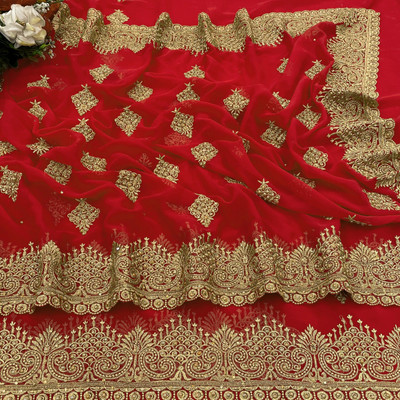 KanjiQueen Embroidered, Self Design Bollywood Georgette Saree(Red)