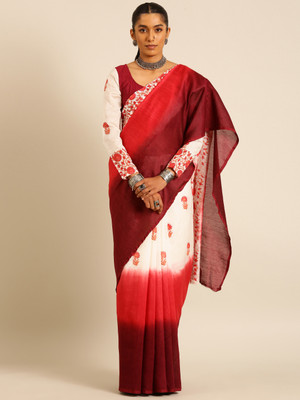 Taavi Blocked Printed, Ombre, Floral Print Chanderi Cotton Silk Saree(Maroon)
