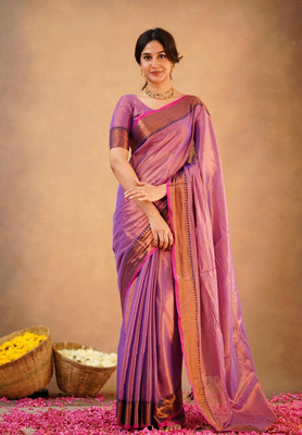 RIDDHIMAN FASHION Self Design Handloom Tissue Saree(Light Blue)