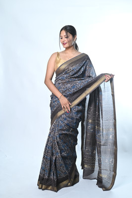 Biyahuti Floral Print, Geometric Print, Printed, Woven Maheshwari Cotton Silk Saree(Multicolor, Black)