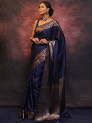 Shubh Mangalam Creation Woven Kanjivaram Silk Blend Saree(Blue)