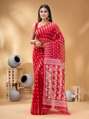 TANTLOOM Floral Print Jamdani Handloom Cotton Blend Saree(Red)