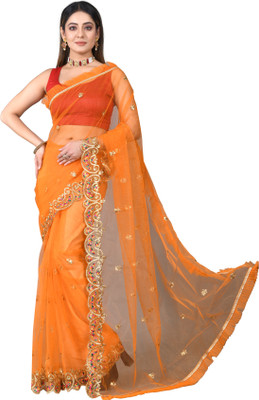 Barkiya Creation Embroidered Bollywood Net Saree(Orange)