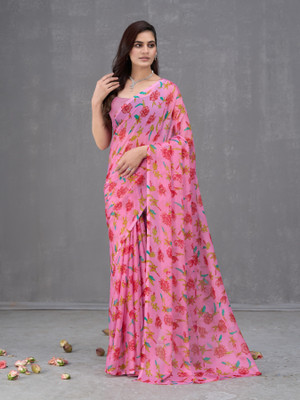 GARDEN VARELI Floral Print Bollywood Chiffon Saree(Pink)