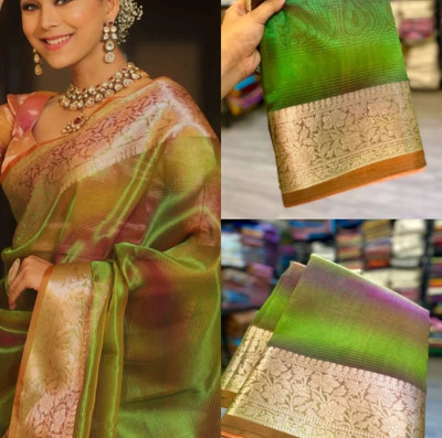 MT textiles Striped Banarasi Tissue Saree(Light Green)