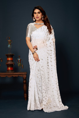 JiproStore Self Design Daily Wear Lycra Blend Saree(White)
