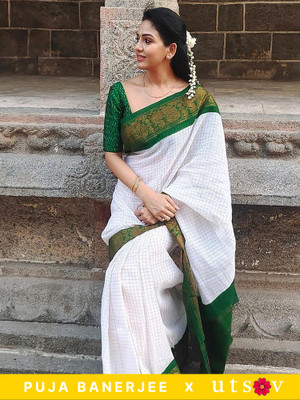Divastri Self Design Banarasi Silk Blend Saree(White)