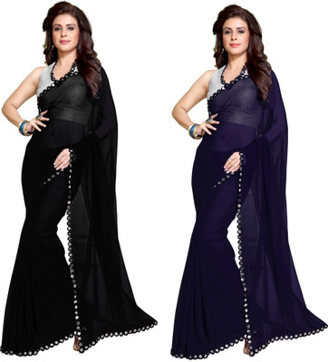 MIRCHI FASHION Solid/Plain Bollywood Georgette Saree(Pack of 2, Dark Blue, Black)