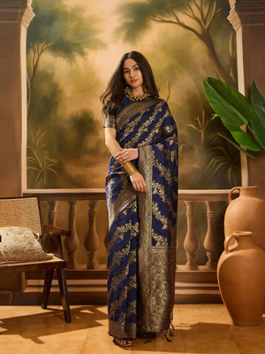 Sangria Woven Saree with Attached Blouse Silk Blend Saree(Dark Blue)