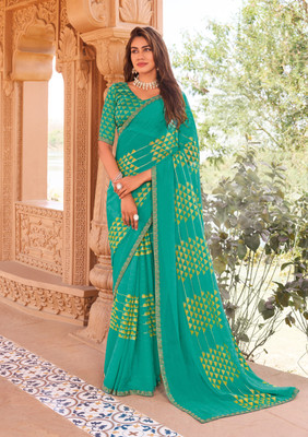 Laxmipati Sarees Geometric Print Saree with Attached Blouse Georgette Saree(Green)