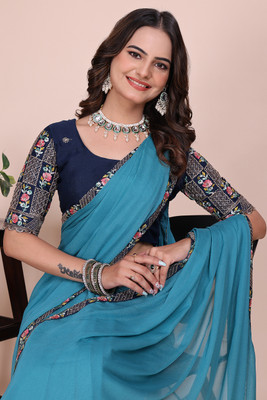 K 5 FASHION Embroidered Bollywood Georgette Saree(Blue)