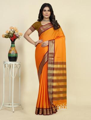 Fashion Club Collection Self Design Banarasi Cotton Blend, Silk Blend Saree(Orange)