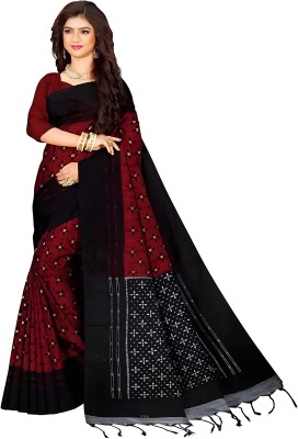 Rnn Printed Handloom Pure Cotton Saree(Red, Black)