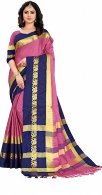 Arisha traders Woven Kanjivaram Cotton Silk Saree(Beige, Maroon, Gold)