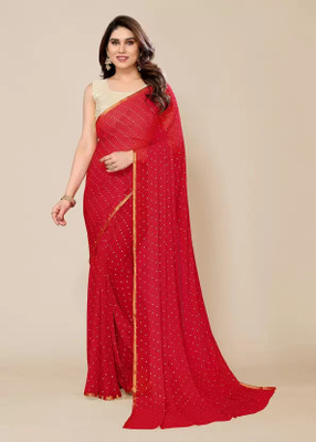 V And V Shop Solid/Plain Bollywood Chiffon Saree(Red)