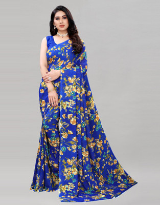 Anmi Floral Print, Printed Daily Wear Chiffon, Georgette Saree(Dark Blue, Multicolor)