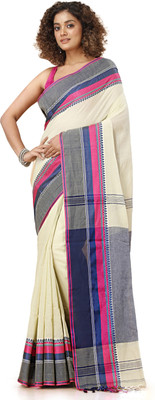 SUBHO SAREE CENTRE Self Design, Solid/Plain Handloom Pure Cotton Saree(Cream, Multicolor)