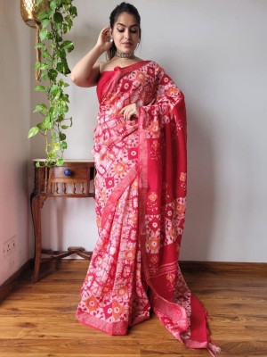 TopJec Digital Print Bollywood Cotton Silk Saree(Red)