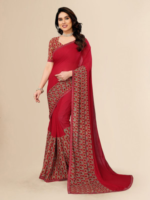 Moda Rapido Embellished, Printed, Self Design Bollywood Georgette Saree(Red)